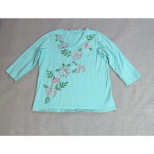 Quacker Factory Top Womens Size M Blue Beaded Floral Blouse Cottagecore Momcore